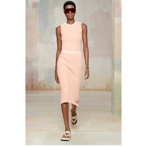 NWT Zara Srpls Peach White Layered Midi Skirt Ribbed High Waist Knit Sz L